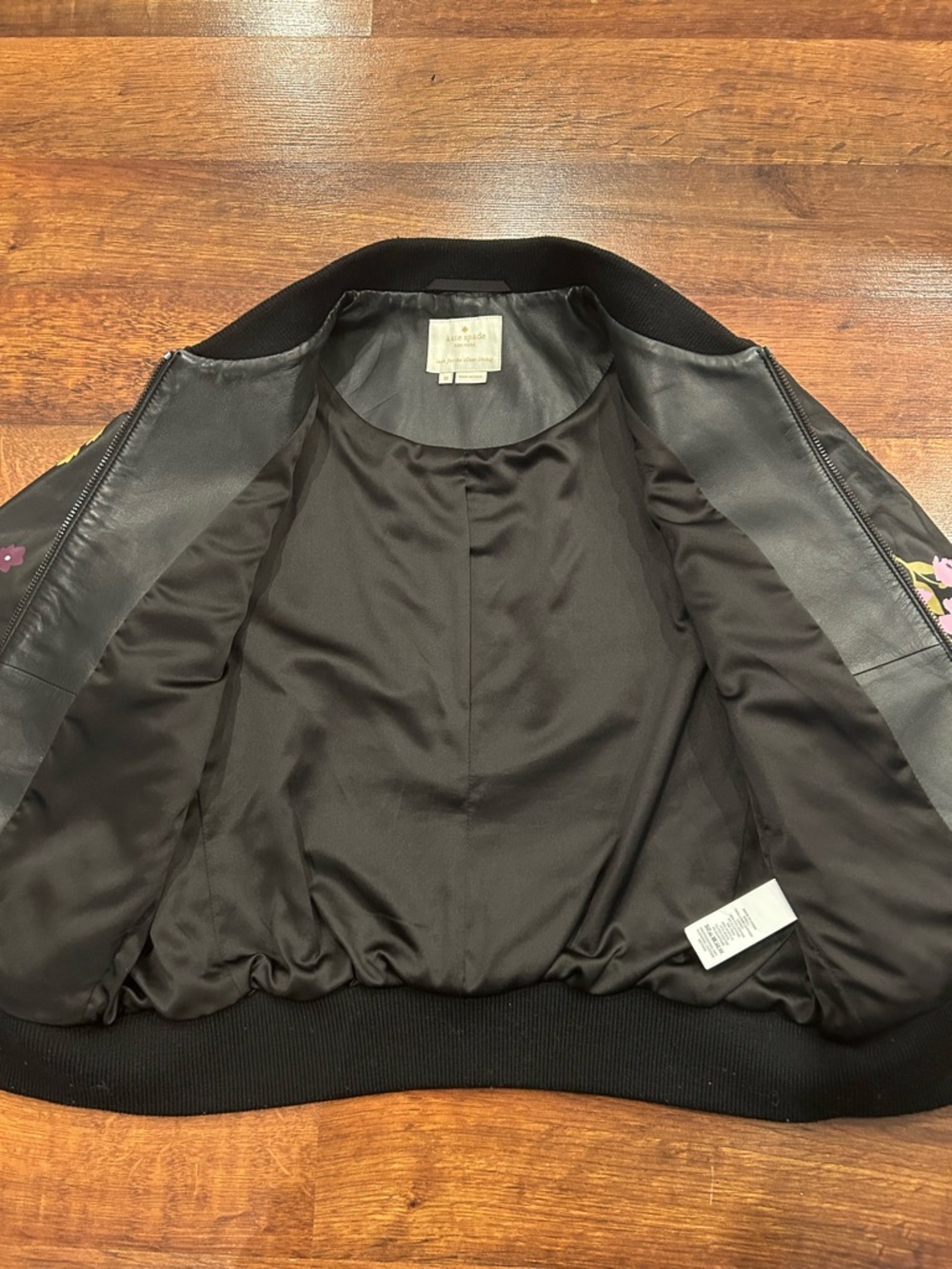 Kate Spade In Bloom Leather Bomber Jacket Lamb Leather Black Women’s Medium - Picture 6 of 8